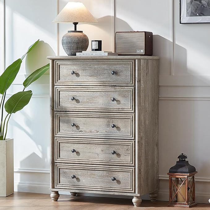 Farmhouse Dresser for Bedroom Set of 2, 5 Drawers Wood 45" Tall Chest of Drawers, Dresser Rustic Storage Dressers Organizer with Metal Handle Closet for Living Room, Hallway Entryway