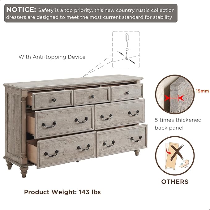 T4TREAM Farmhouse 7 Drawers Dresser Chests for Bedroom w/ 4 Solid Wood Feet & Column Decor, Tall Wide Wood Country Rustic Chest of Drawers, Storage Dressers for Bedroom, Living Room, Light Rustic Oak