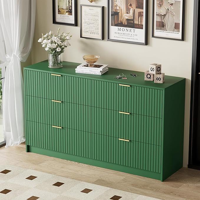 Green Dresser for Bedroom, Modern Dresser with 6 Drawers and Smooth Slides, Wide Chest of Drawers with Golden Handles for Bedroom, Living Room, Closet, 15.7" D x 55.1" W x 31.4" H