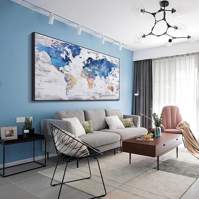 Pogusmavi-World Map Wall Art-Modern Art Wall Decor-Framed Artwork For Walls-Canvas Paintings For Office-Large Pictures For Living Room 30x60 Black Framed