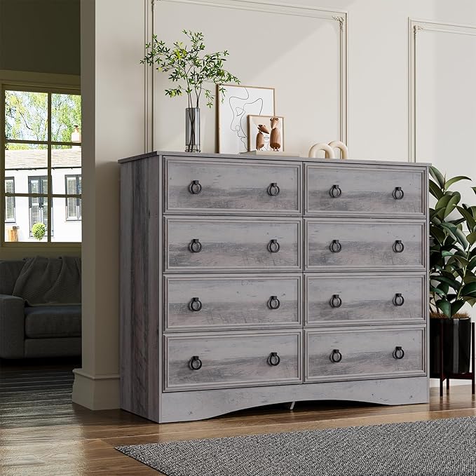 Grey 8 Drawer Dresser for Bedroom, Wood Chest of Drawers, Large Storage for Clothes, Vintage Design, for Living Room, Bedroom, Hallway 47.24W*15.75D* 41.2''H