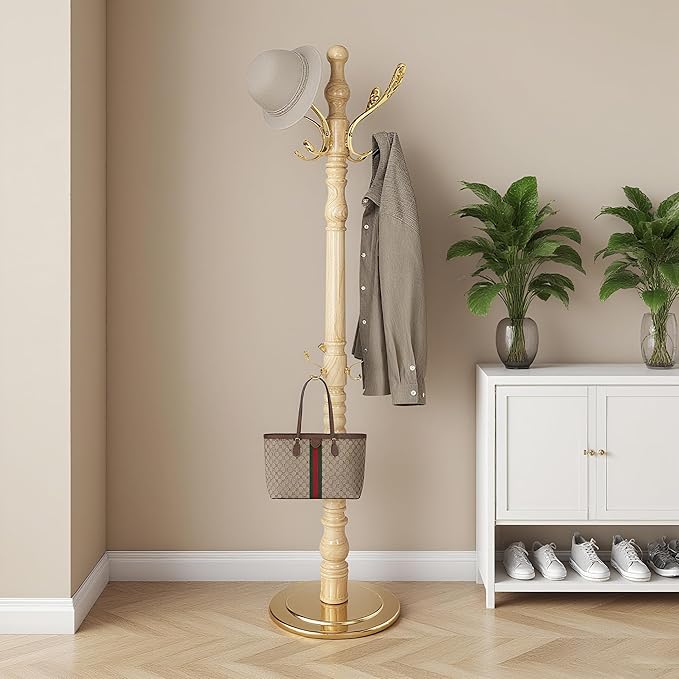 73”Vintage Wooden Coat Rack Freestanding,With 14 Hooks and Sturdy Round Base.Sturdy and Durable Standing Coat Racks,Adjustable Wooden Freestanding Coat Rack for Corridors, Offices, Porch (Natural)