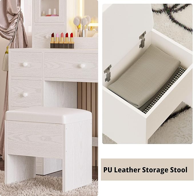 IRONCK Vanity Desk with LED Lights Mirror and Charging Station, Makeup Vanity Table with Jewelry Armoire, Storage Bench, and 11 Drawers, White