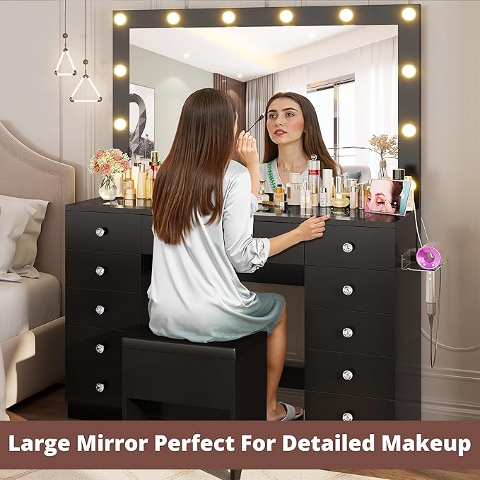 IRONCK 46'' Makeup Vanity Set with LED Mirror & Power Outlet - 11 Drawers, Glass Top, Hair Dryer Rack, Dressing Table with Storage Bench for Bedroom, 3 Lighting Color Adjustable, Black
