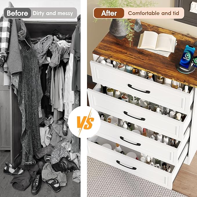 Fameill Dresser for Bedroom, 4 Drawer Small Dresser Organizer with Charging Station for Livingroom, Chest of Drawers with Metal Handles, Farmhouse White