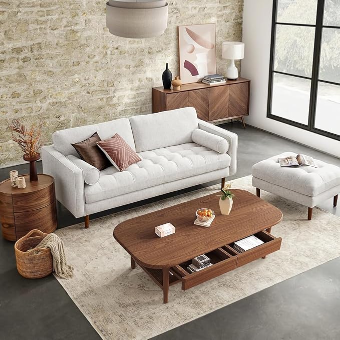 Solid Wood Coffee Table with Drawers, Real Oak Wood Table with Storage,47.2" Mid Century Modern Coffee Table for Living Room Unique Farmhouse Style