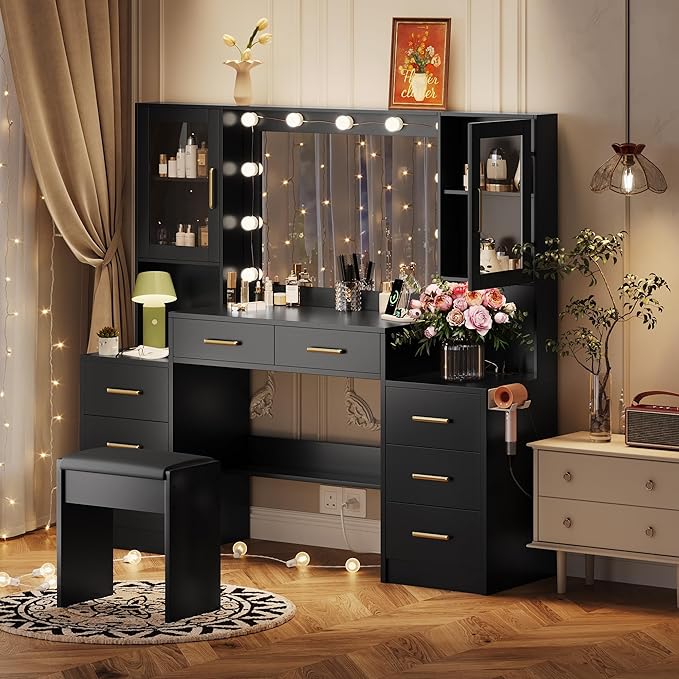 58.3" Black Vanity Desk with Mirror, Lights and Charging Station, 3 Lighting Modes Makeup Desk with 8 Drawers, 2 Cabinets and Lots Storage, Dressing Table Vanity Set for Girls