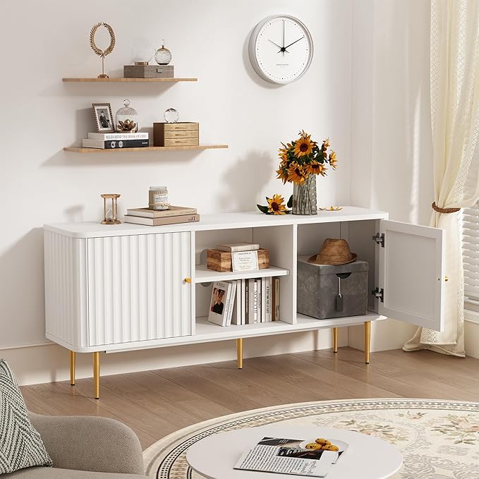 ARTPOWER 55” Fluted TV Stand, Mid Century Modern White TV Stand for 55/60/65 inch TV, Entertainment Center with Storage, Television Stands, TV Console, Media Console for Living Room, Bedroom