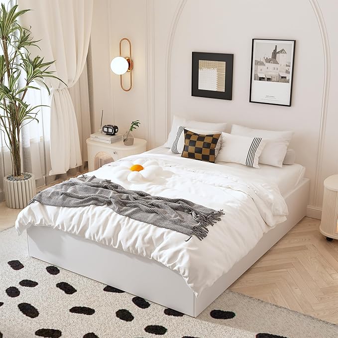 14 Inch Full Bed Frame with White Fabric Cover, Heavy Duty Metal Bed Frame Full, No Box Spring Needed, Support Up to 3000 lbs, Easy Assembly, Noise Free, Black