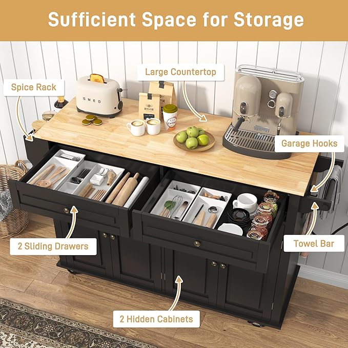 55" Movable Kitchen Island with Drop Leaf and Power Outlet, Rolling Cart with Storage Cabinet, Island Table on Wheels for Kitchen with 2 Drawers, Spice Rack, Towel Bar, Garage Hook, Black