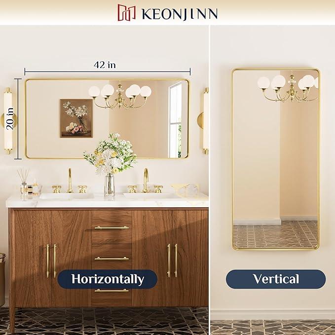 Keonjinn Brushed Gold Bathroom Mirror 48 x 30 Inch Large Rounded Rectangle Vanity Mirror, Brass Gold Wall Mirror with Shatterproof HD Tempered Glass, Decorative Gold Framed Mirror(Horizontal/Vertical)