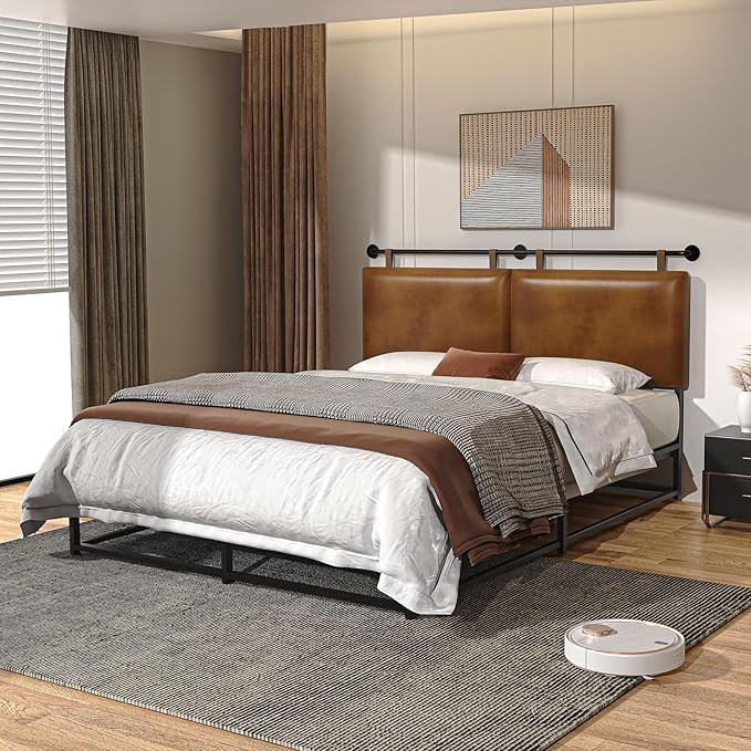 King Size Bed Headboard Wall Mount PU Leather Head Board Only Brown Hanging Head Boards, Industrial Pipe Modern Bed Backboard for Bedroom(Brown Leather, King)