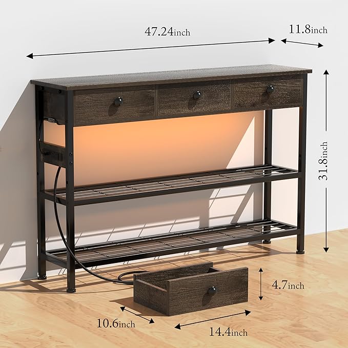 47" Entryway Table with Outlets: Console Table with Storage Shelves, USB Ports, LED Light Strip, and 3 Wood Drawers for Sofa, Living Room, Hallway, Foyer, Couch, TV and Aquarium Stand