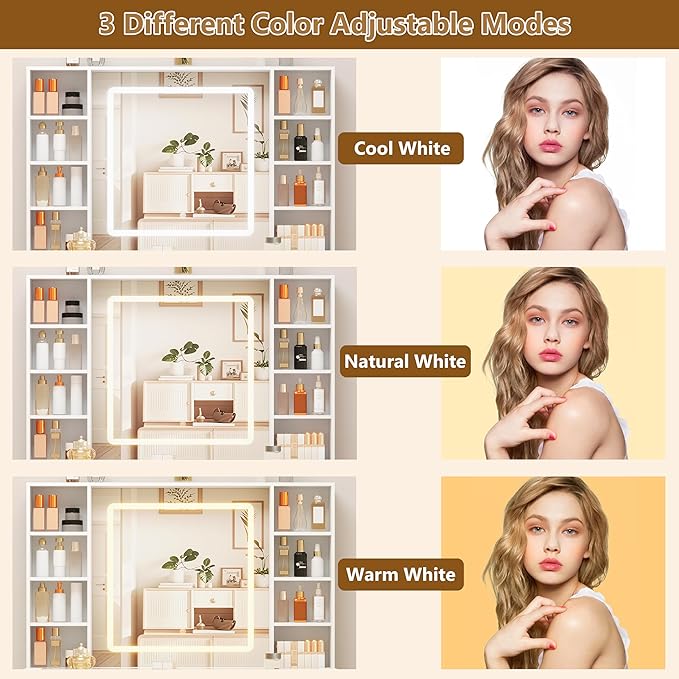 White Vanity Desk with Mirror and Lights, 43.4" Makeup Vanity Table Set with Lighted Mirror & RGB Glass Cabinet, 3 Drawers, Glass Top Dressing Table with Large Shelves for Girls, 3 Color Modes
