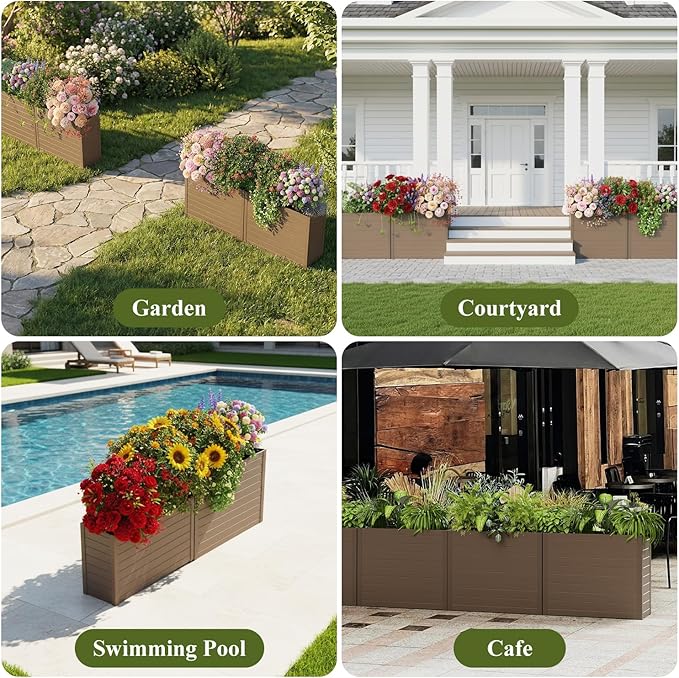 Outdoor Planter Box, Large Rectangular Planter with Removable Drip Tray, Suitable for Indoor or Outdoor Patios/Porches, Ideal for Planting Plants, Flowers, and Gardening (Brown)