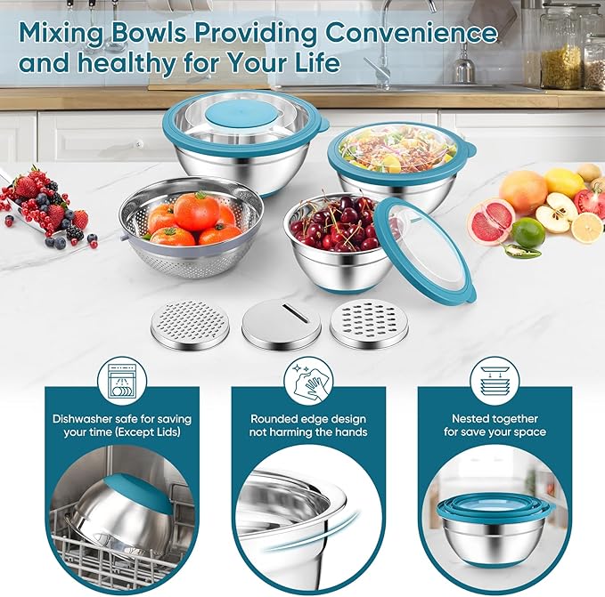 P&P CHEF Mixing Bowls with Lids Set of 3, Stainless Steel Mixing Bowl and Colander for Kitchen, 3 Grater Attachments & Non-Slip Bottoms, Visible & Airtight Lid, Blue