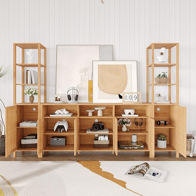 Entertainment Center with Bookshelves, Farmhouse TV Stand for 70 Inch TVs, TV Stands for Living Room w/Adjustable Shelves & Storage Cabinet, Modern Console Cabinet for Bedroom Home Theater