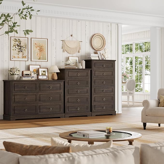 HOSTACK 6 Drawer Dresser for Bedroom, 52" Tall Dresser, Modern Farmhouse Vertical Chest of Drawers for Bedroom, Wooden Closet Chest, Wood Storage Cabinet for Living Room, Entryway, Dark Brown