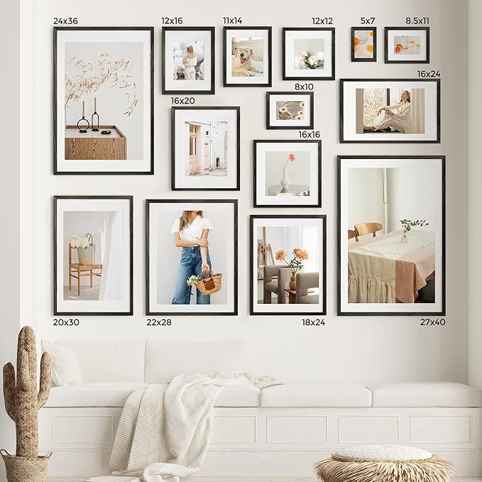 Axeman 16x24 Frame With Mat for 12x18, Solid Oak Wood 16x24 Poster Frame With Tempered Glass, 16 x 24 Picture Frame for Wall, 16 by 24 Wood Frame for Home Decor, Hanging Hardware included, Black