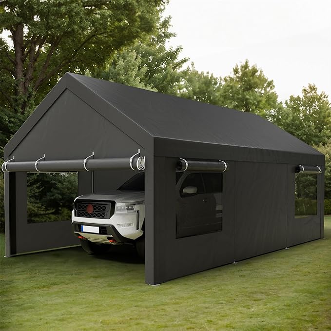 Shintenchi Carport 10' x 20' Heavy Duty Portable Garage, Car Port Canopy with Side-Opening Removable Door & Roll-Up Windows, Car Canopy for Truck,Car,Boat,Motorcycle,Grey