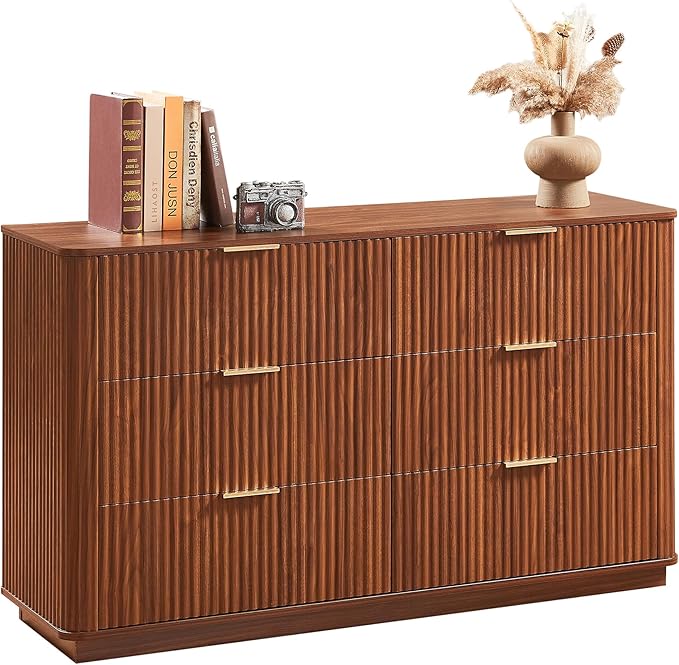VMU Fluted Dresser with 6 Deep Drawers,55" Modern Wooden Chest of Drawers with Metal Handles, TV Stand with Curved Profile, Closet Clothes Storage Organizer for Bedroom, Living Room, Hallway (Walnut)