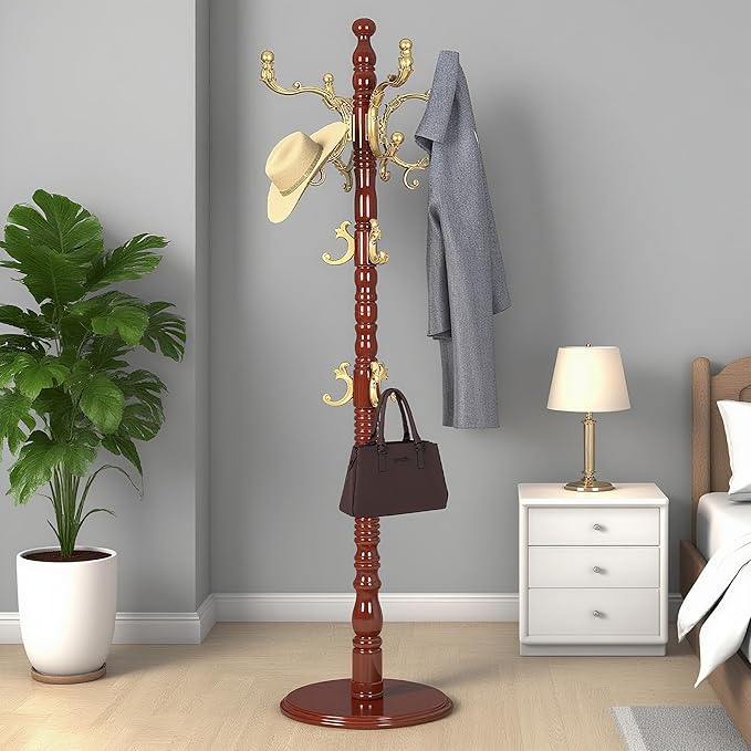 73”Vintage Wooden Coat Rack Freestanding With 14 Hooks and Sturdy Round Base。3-level Adjustable Vintage Wooden Coat Rack.Coat Rack Stand for Living Room Bedroom Office (Begonia)