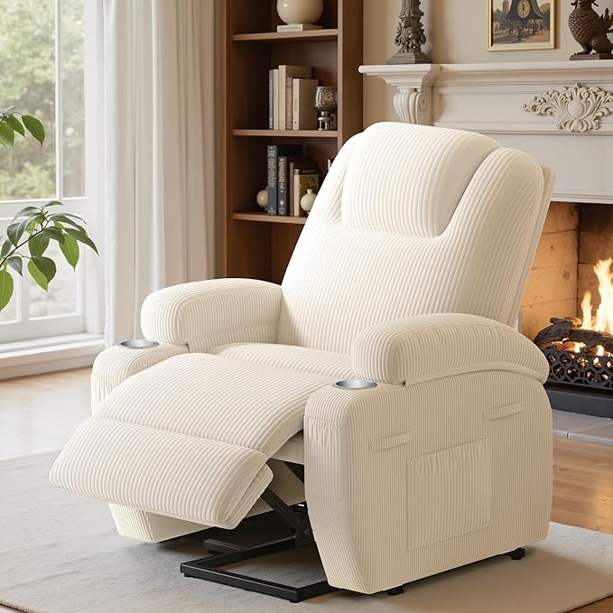 Power Lift Recliner Chair with Massage Electric Lift Chair for Elderly, Ergonomic Recliner with Cup Holders & Side Pockets, Modern Single Sofa for Living Room (Corduroy, White)