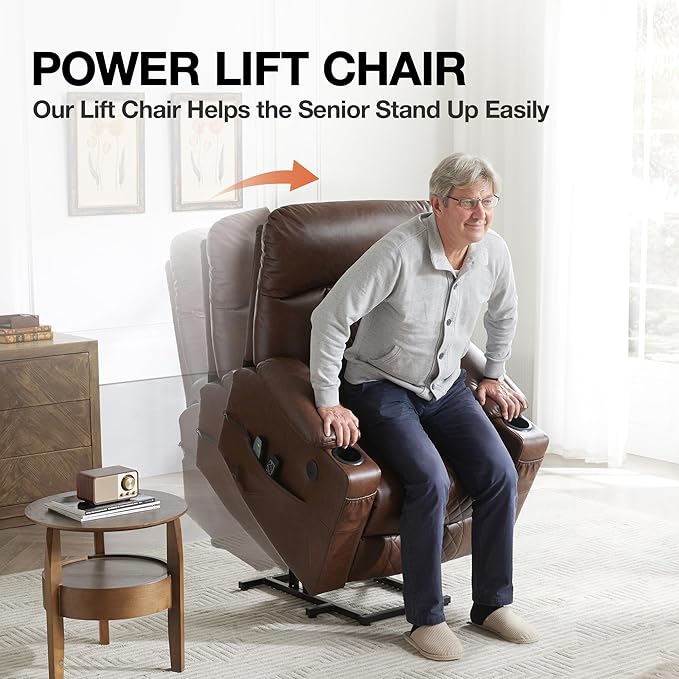 Dual Motor Power Lift Recliner Chairs with Heat and Massage for Elderly, Leather Electric Recliners with Footrest, Infinite Position Lift Chair with Cupholder,USB & Type C Ports(Brown)
