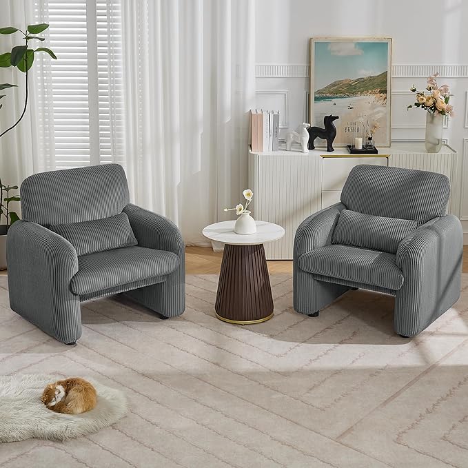 Corduroy Fabric Accent Chairs Set of 2, Modern Upholstered Living Room Chairs with Lumbar Pillow, Wide Comfy Leisure Armchair for Bedroom, Office, Reading, Grey