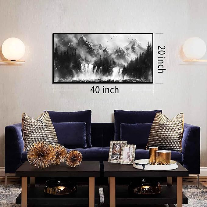 Foggy Forest Wall Art for Living Room - Black and White Art Wall Decor for Office - Framed Artwork for Walls Size 20" x 40"