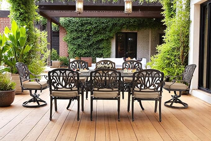 9 Piece Outdoor Dining Set Cast Aluminum, Retro Patio Dining Furniture Set for 8 Includes 86.6’’ Rectangular Table 2 Swivel Chairs with Thicker Cushion and Umbrella Hole for Patio Deck Garden