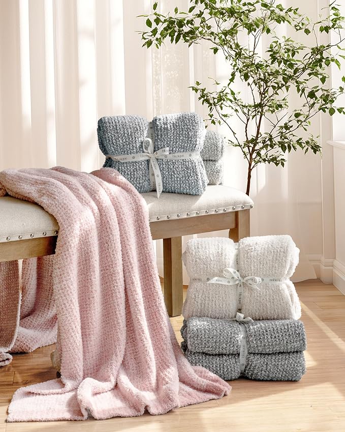 Super Soft Throw Blanket 50 x 60 Inches, Half-Side Plush Fuzzy Blanket for Couch, Sofa, Bed & Chair, Warm Cozy Lightweight Knit Blanket for Fall & Winter Beige