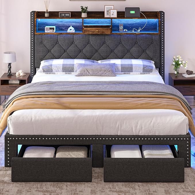 Full Size Bed Frame, Linen Storage Headboard with LED Light & Charging Station, Upholstered Platform Bed with 2 Storage Drawers, Steel Slats Support, No Box Spring Needed, Grey