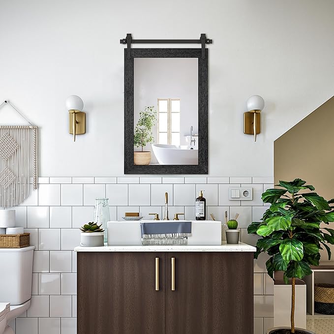 Farmhouse Bathroom Mirrors 26”x40” Black Rustic Wall Decor Mirror for Vanity Barn Door Style Wall Mirror for Entryway Living Room