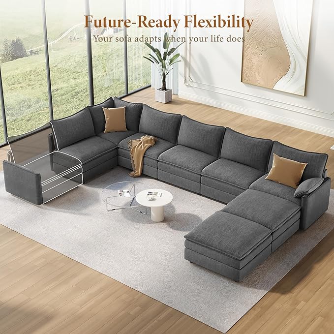 Vesgantti Large Modular Sectional Sofa, Big Comfy Cloud Couch with Ottoman Deep Seat Chenille Cloud Sofa, 8 Seater Large Sectional Couches for Living Room, Bedroom and Apartment, Gray