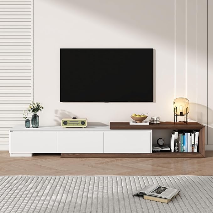 Extendable TV Stand with 3 Drawers, Modern Minimalist Entertainment Center, Reversible Long TV Media Console, Bevel Design, 82-107.3 Inch, White & Walnut