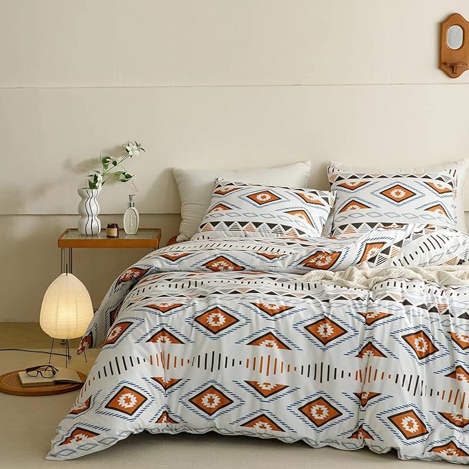 Luxlovery Beige Aztec Comforter Set Queen Boho Geometric Bedding Comforter Set American Farmhouse Tribal Ethnic Blanket Quilts Western 3pcs Comforter Set Queen Size