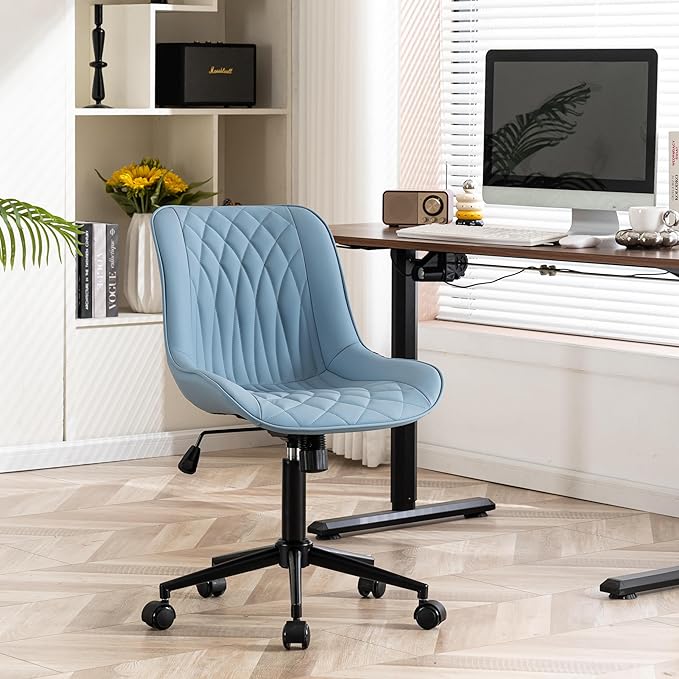 YOUNIKE Blue Ergonomic Home Office Desk Chair No Arms Comfy Small Criss Cross Chair with Wheels Swivel Adjustable Modern Vanity Chair with Back Armless Cute Leather Upholstered Rolling Task Chair