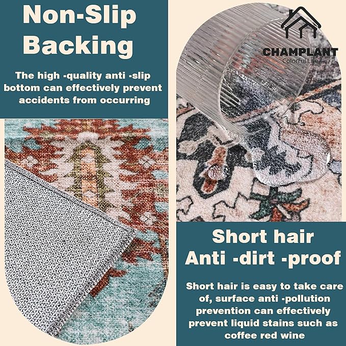 Washable Area Rug 8'x10' Light Cyan and Light red Retro Boho Design Non-Shedding Non-Slip Easy Care Ideal for High Traffic Areas in Living Room Bedroom Office Kitchen Large Carpet