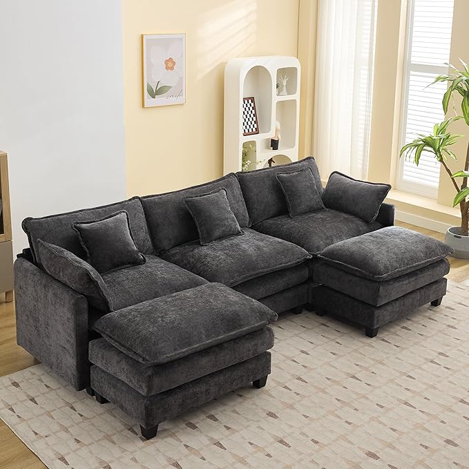 111'' Sectional Cloud Deep Seat Couch, Oversized Chenille U Shaped Sectional Sofa for Living Room Set, Comfy Upholstered Modular 5-Seats Sectional Sofa Couch with 2 Movable Ottoman, Dark Grey