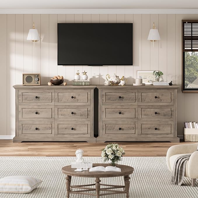 QUW Farmhouse 6 Drawer Dresser for Bedroom, 47" Wide Wood Chest of Drawers with Charging Station, Metal Handle, Modern Closet Clothes Storage Organizer for Living Room, Hallway, Entryway, Grey