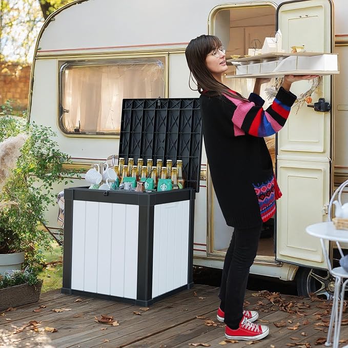 50 Gallon Outdoor Deck Box,Storage Lockable Waterproof Patio Furniture,Garden Tools,Cushions,Pool Accessories Outside Storage Resin Box(Black&White)