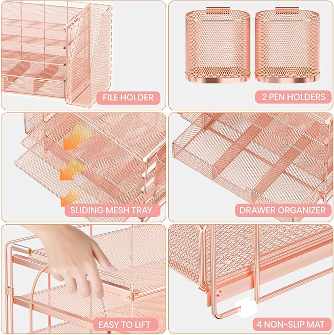 Desk Organizers and Accessories with File Holder, 5-Tier Office Desk Accessories & Workspace Desktop Organizer with Drawer and 2 Pen Holder, File Paper Organizer for Office Supplies(Rose Gold)
