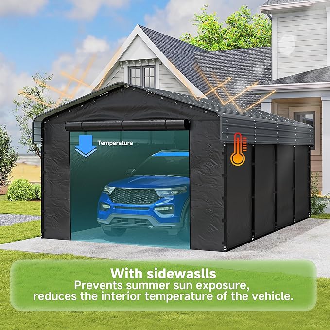 Real Relax 12'x20' Heavy Duty Metal Carport, Outdoor Garage Car Shelter Shade with Galvanized Roof & Removable Sidewalls, Heavier Metal Frame for Car and Boats, Truck Grey