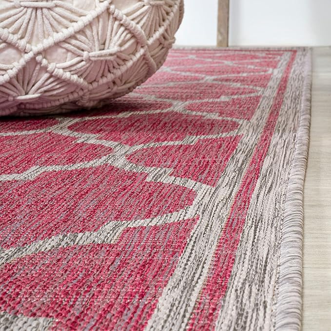 Eyely BMS109H-5R Santa Monica Trebol Moroccan Trellis Textured Weave Indoor/Outdoor Area Rug Coastal;Bohemian, Bedroom, Backyard, Patio, Easy-Cleaning, Non-Shedding, 5' Round, Fuchsia/Light Gray