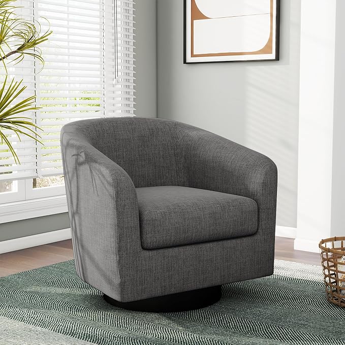 Swivel Barrel Accent Chair, Modern Round Linen Arm Chair for Living Room, Bedroom, Comfy Club Reading Chairs for Adults(Linen Fabric, Grey, Set of 1
