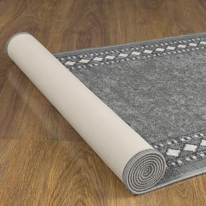 Antep Rugs Alfombras Modern Bordered 2x10 Non-Skid (Non-Slip) Low Profile Pile Rubber Backing Indoor Area Runner Rugs (Gray, 2' x 10')