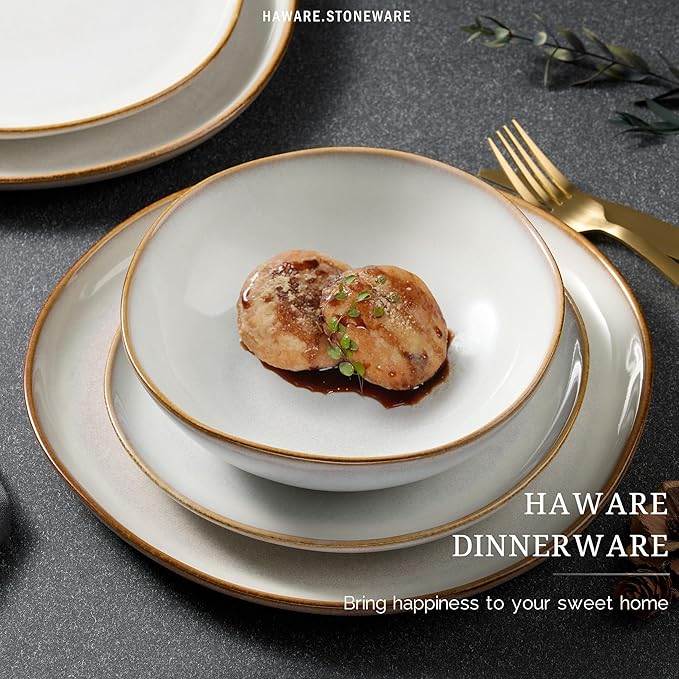HaWare Dinnerware Sets, 24-Piece Stoneware Plates and Bowls Set, Dish Set for 8, Ceramic Dishware for Home Restaurant, Chip and Scratch Resistant, Microwave and Dishwasher Safe, Reactive Pearl White