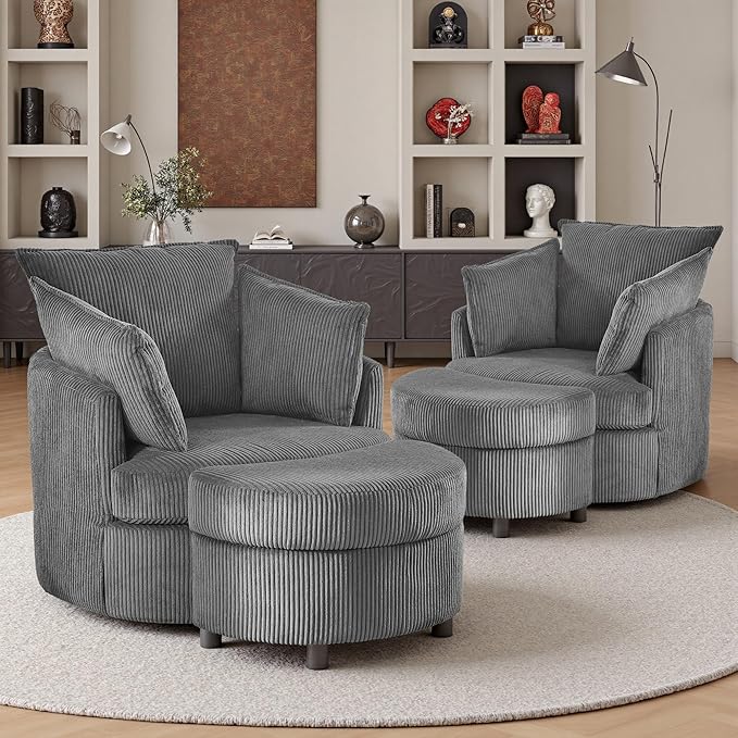 Swivel Accent Chair with Ottoman Comfy Reading Chairs for Bedroom Modern Corduroy Arm Chair 360°Swivel Barrel Chairs for Living Room,Apartment (Dark Grey, 2)