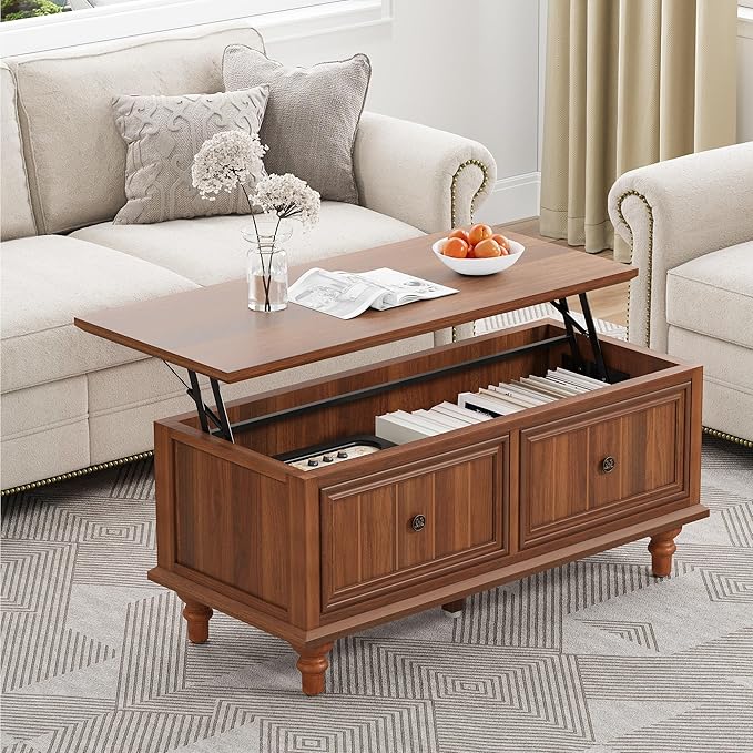 39" Lift Top Coffee Table for Hidden Compartment, Wood Coffee Tables with Shelf, Farmhouse Rectangular Center Table Dining Table for Living Room Home Office Small Space (Walnut)